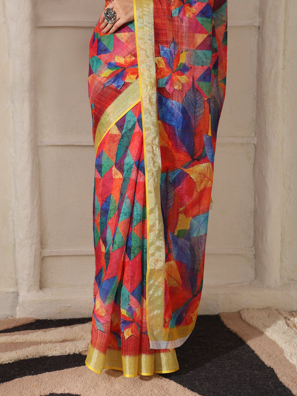 Shivam Fabrics Red Linen Fabric Printed Saree - Distacart