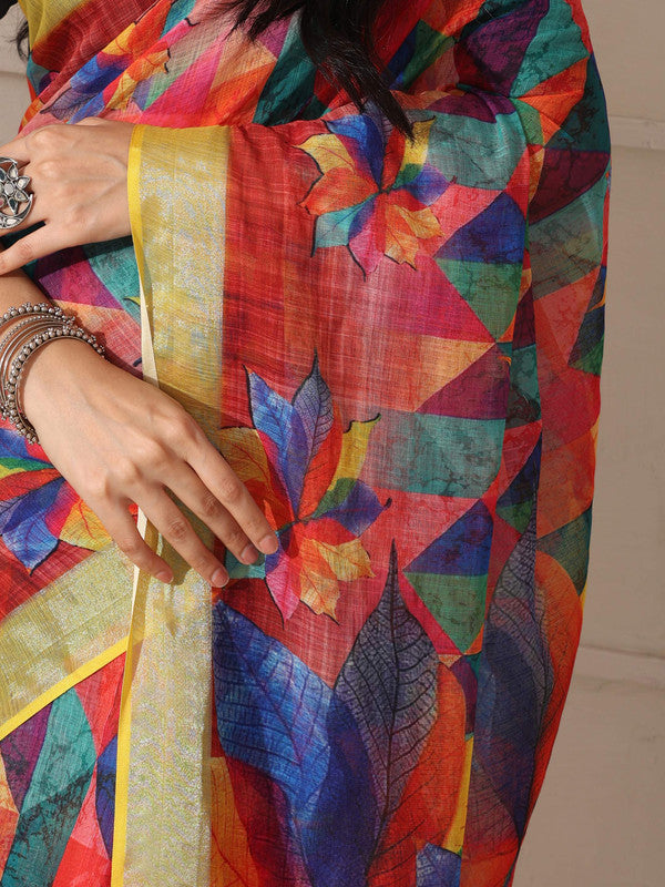 Shivam Fabrics Red Linen Fabric Printed Saree - Distacart