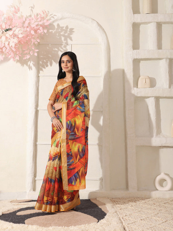 Shivam Fabrics Multi Color Linen Fabric Printed Saree - Distacart