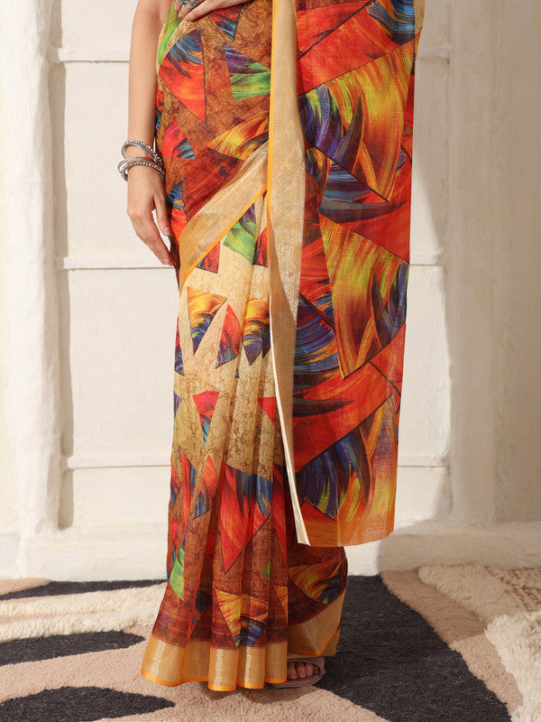 Shivam Fabrics Multi Color Linen Fabric Printed Saree - Distacart