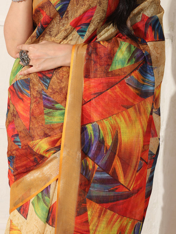 Shivam Fabrics Multi Color Linen Fabric Printed Saree - Distacart