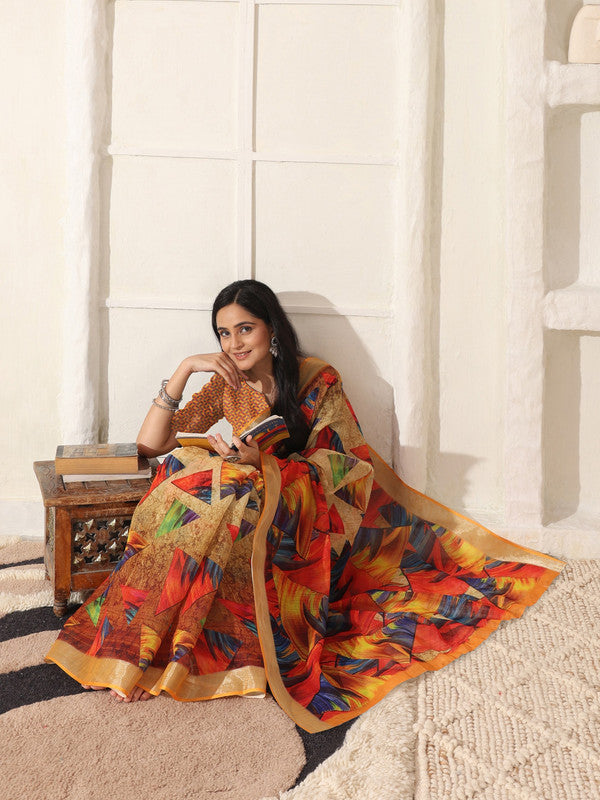 Shivam Fabrics Multi Color Linen Fabric Printed Saree - Distacart
