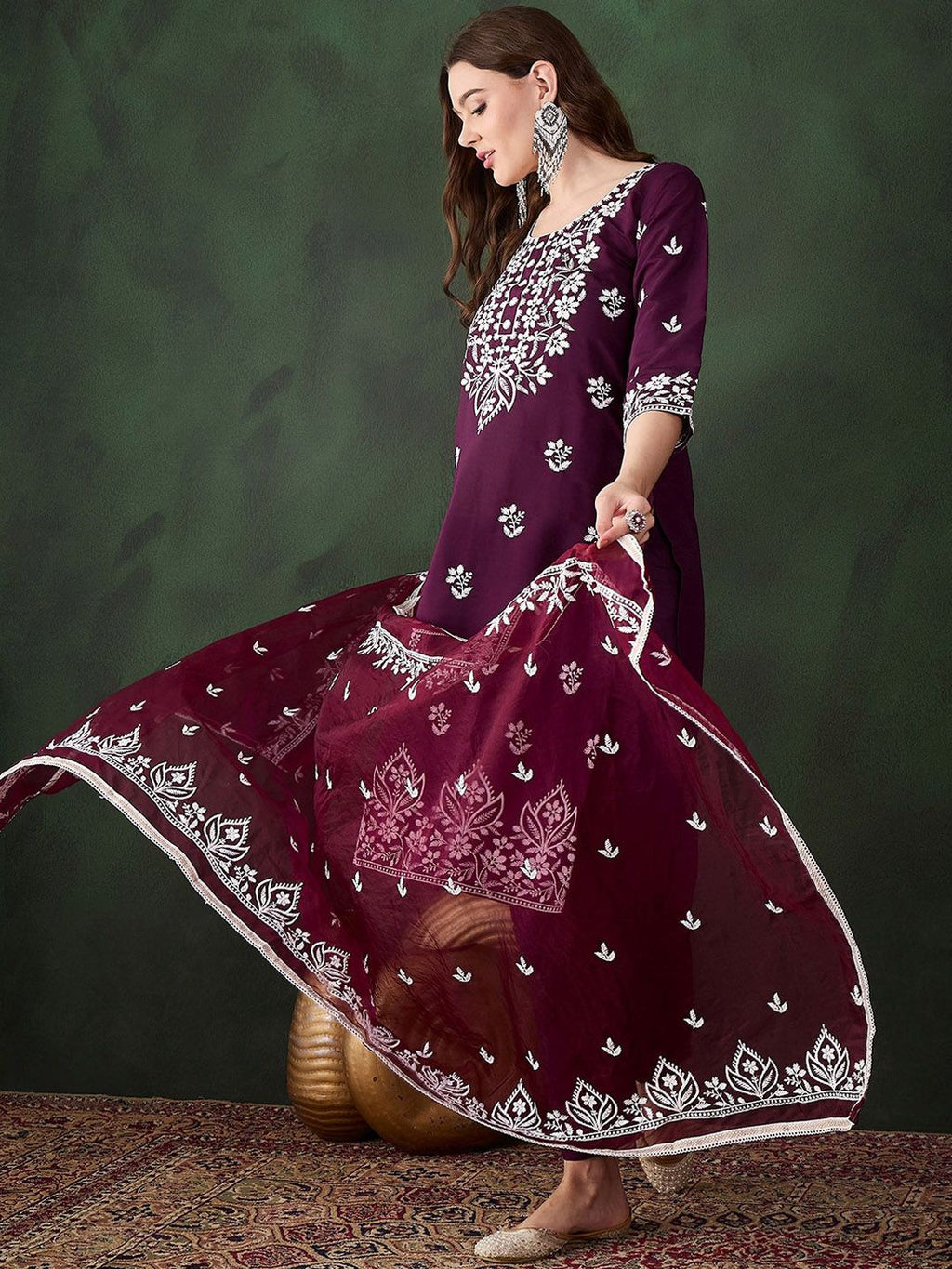 Sangria Purple Floral Embroidered Thread Work Pure Cotton Kurta & Trouser With Dupatta
