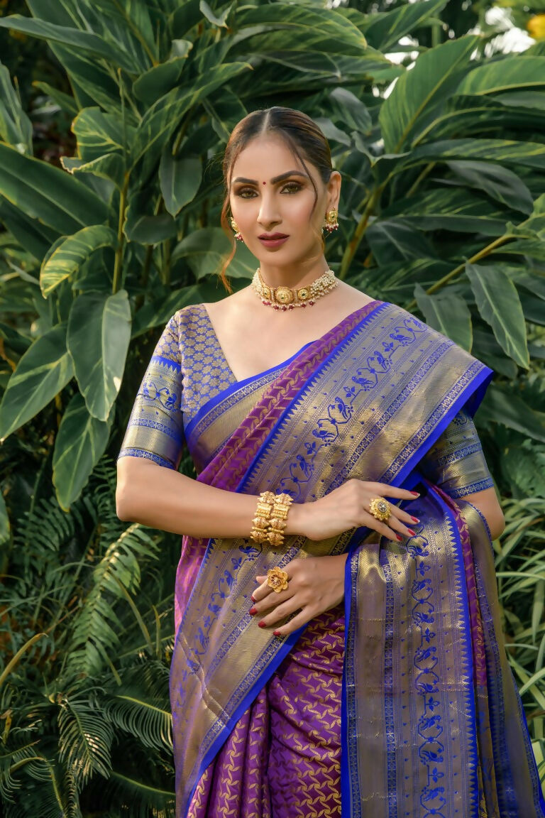 Jyoti Fashion Women's Purple Kanjivaram Silk Zari Woven Saree with Blouse - Distacart