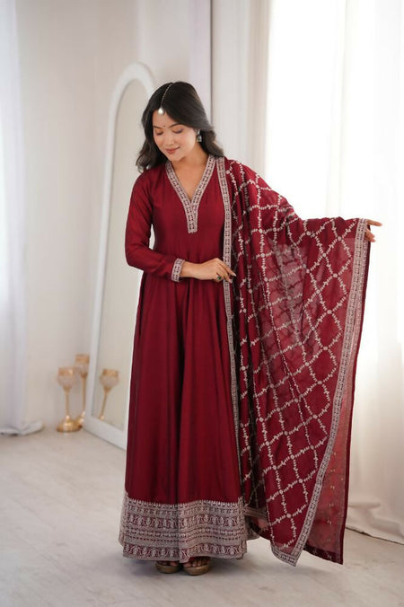 Lehenga Mart Designer Anarkali Suit With Kurta, Dupatta For Women-Dark Maroon