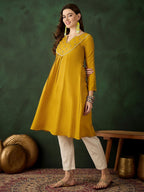 Sangria Floral Embroidered Thread Work Cotton A-Line Kurta - Distacart