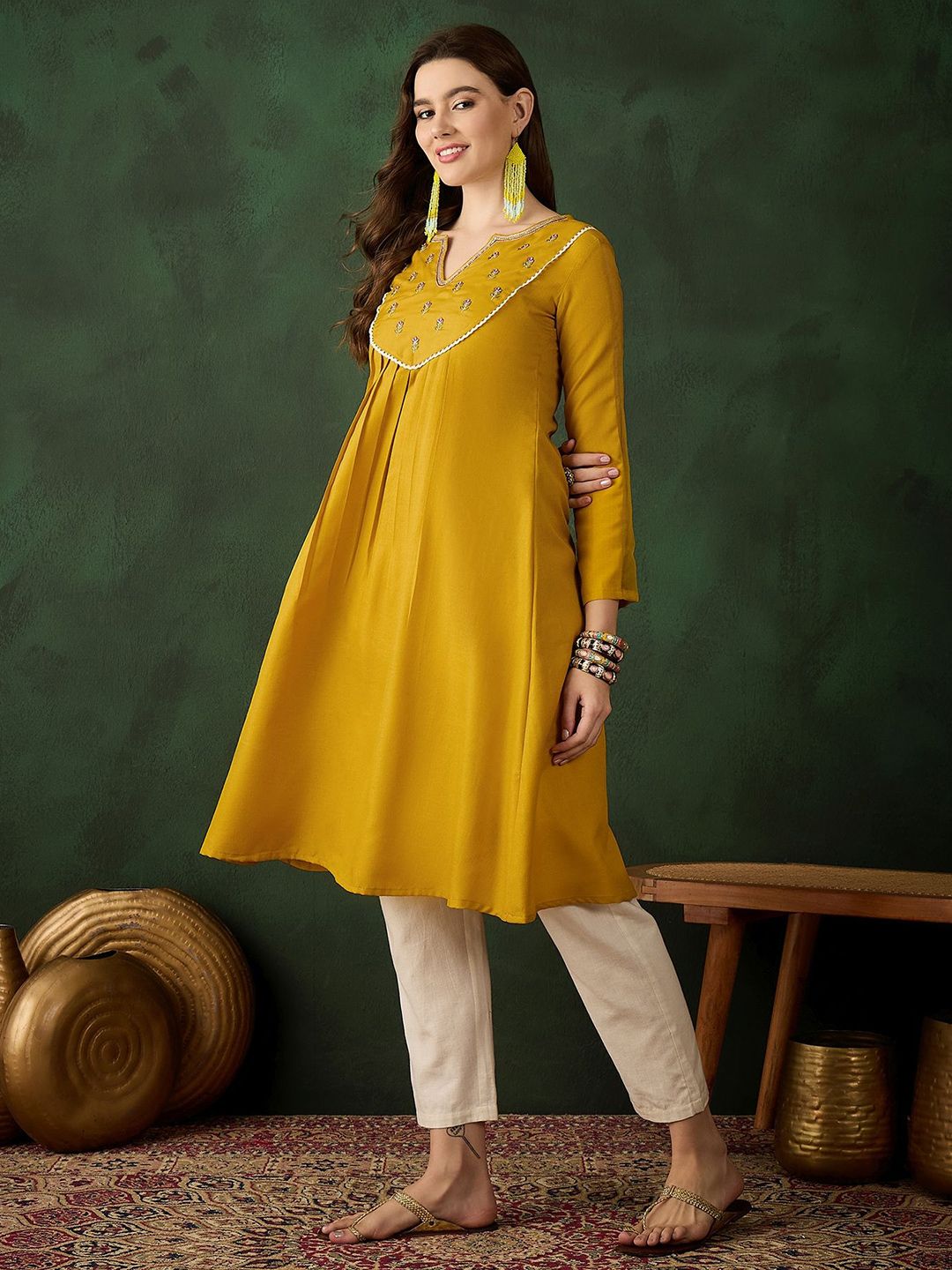 Sangria Floral Embroidered Thread Work Cotton A-Line Kurta - Distacart