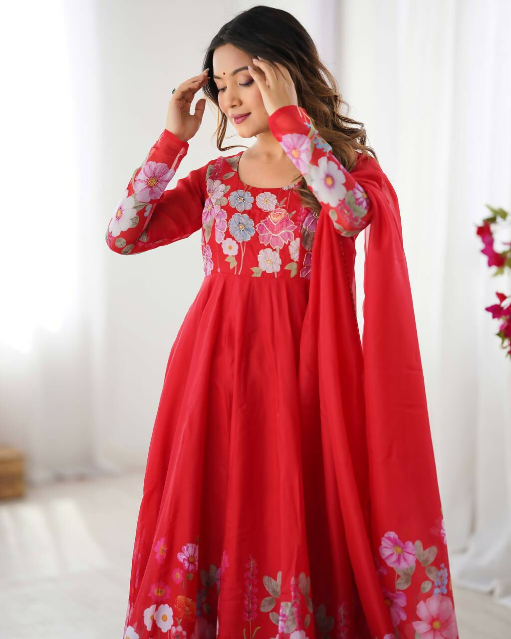 The52 Women's Gorgeous Floral Printed Organza Silk Fabric Flared Anarkali Pant and Dupatta Set - Distacart