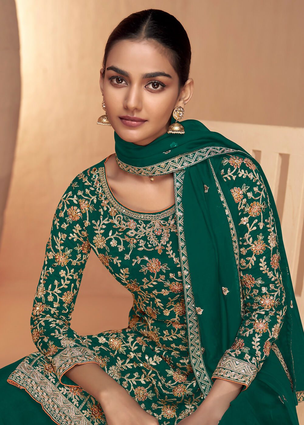Green Real Chinnon Embroidered Wedding Festive Palazzo Suit - Emponline