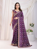 Voilet Vichitra Silk Bandhani Printed, Embroidery Work Saree - Ditya