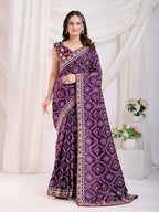 Voilet Vichitra Silk Bandhani Printed, Embroidery Work Saree - Ditya