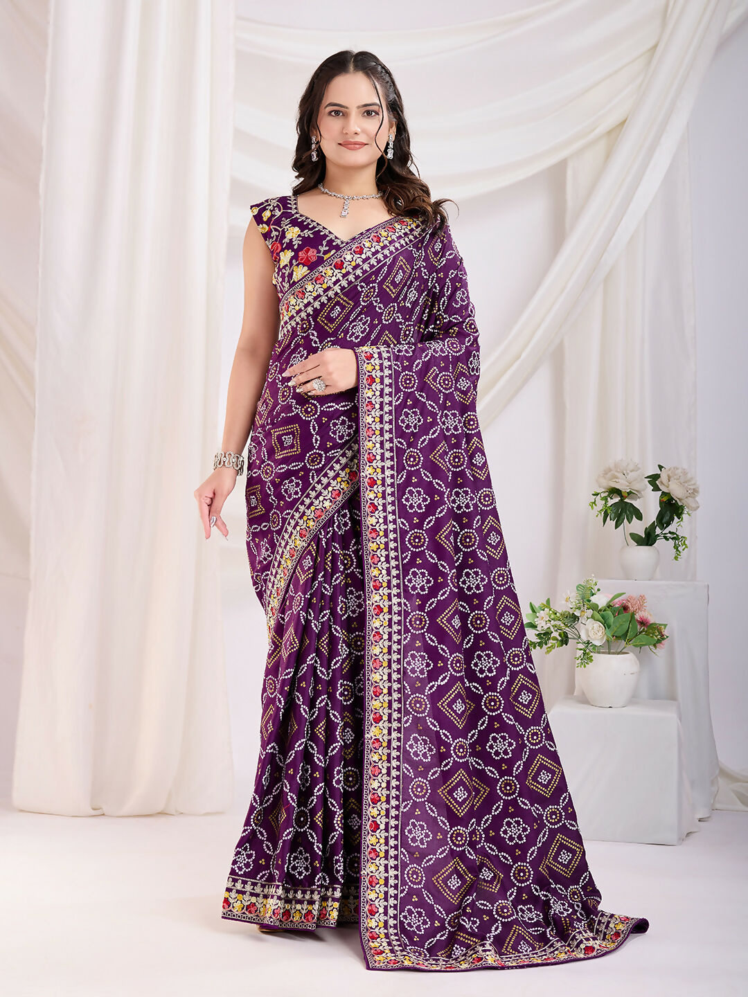 Voilet Vichitra Silk Bandhani Printed, Embroidery Work Saree - Ditya