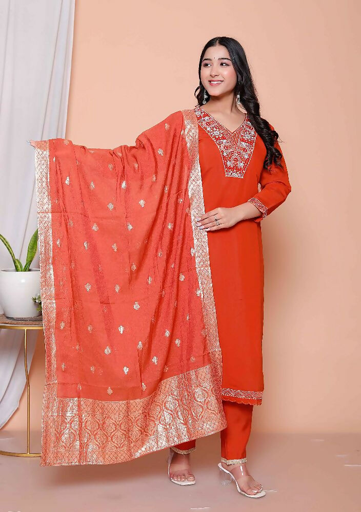 Miravan Womens Orange Embroidered Straight Kurta With Palazzo And Dupatta Set - Distacart