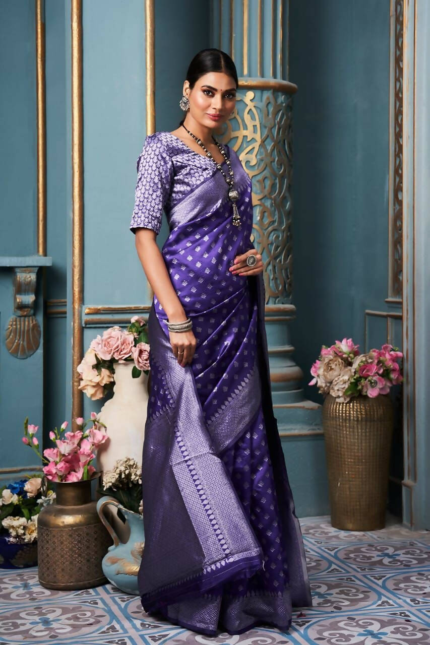 DEIANA'S Beautiful Designer Golden zari Soft Lichi Silk Saree - Purple