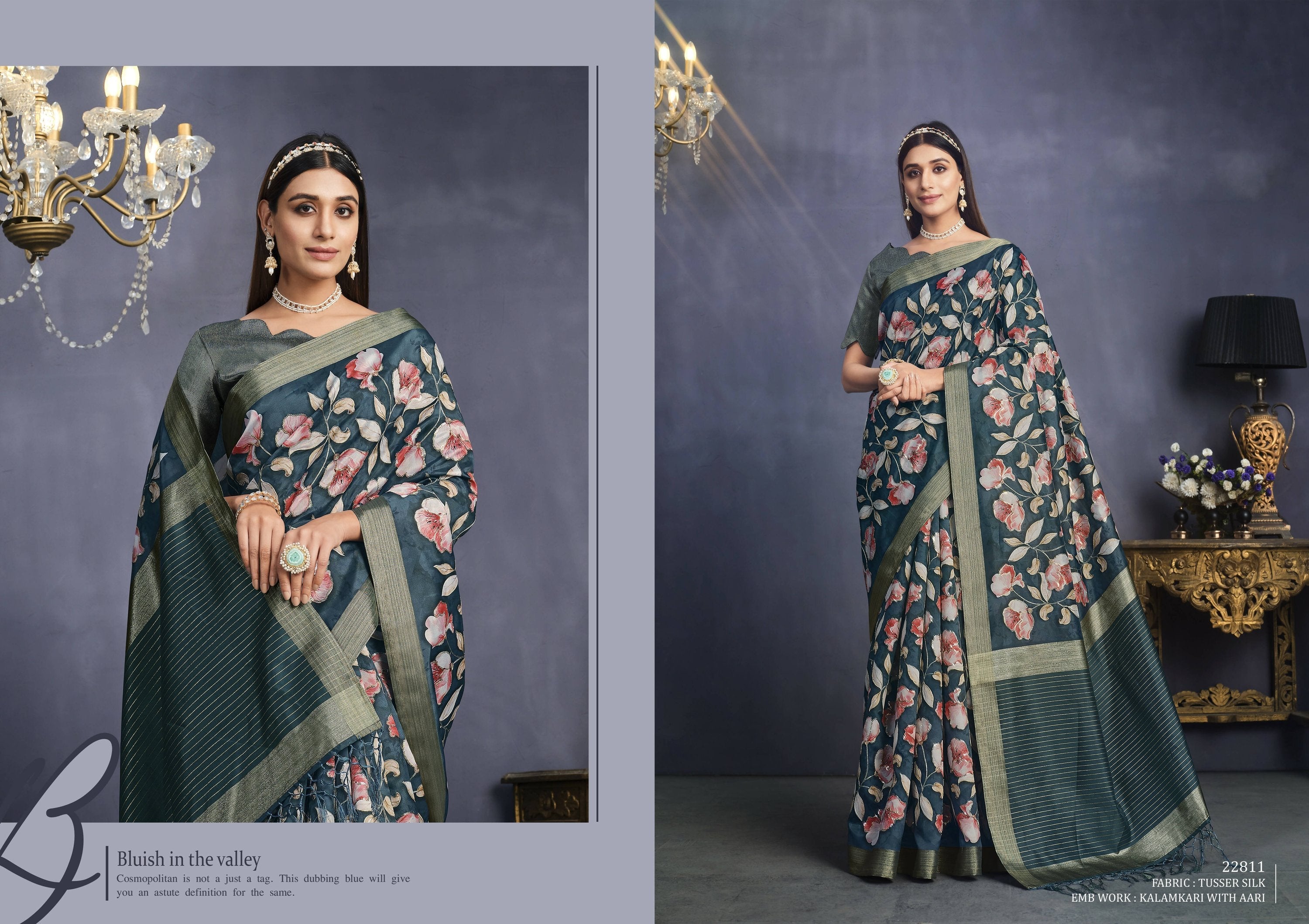 Teal Tusser Silk Floral Printed With Sequence Embroidered Saree With Unstitched Blouse - Mohmanthan Aahana