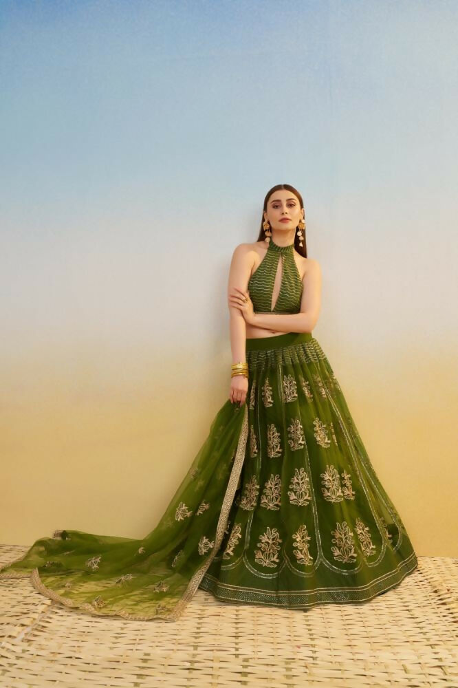 Aastha Fashion Mehandi Green Butterfly Net Tone To Tone Cotton Thread Work And Sequence Work Embroidery Wedding Wear Lehenga Choli