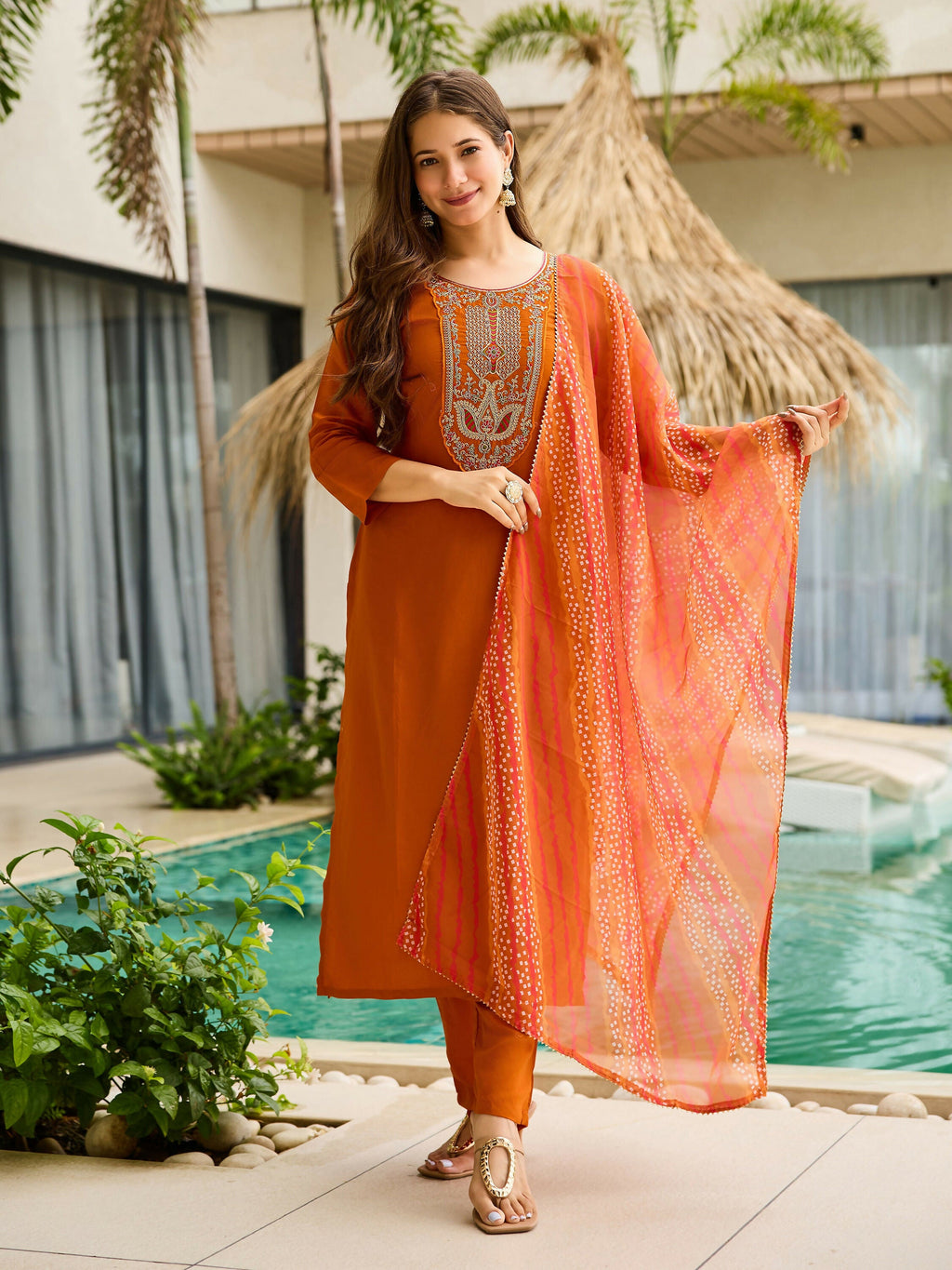 The52 Rust Women's Gorgeous Embroidered work Rayon Fabric Straight Kurta, Pant and Dupatta Set - Distacart