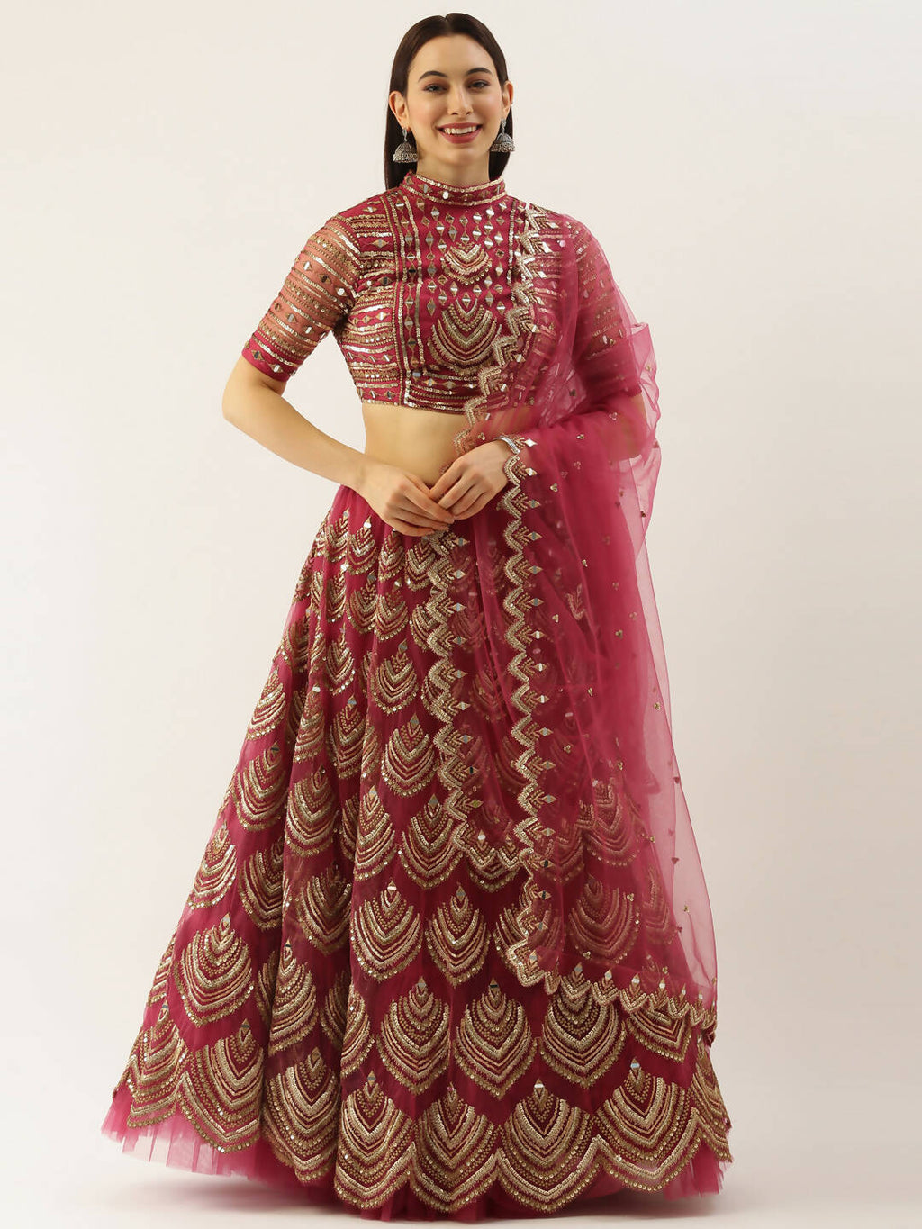 House of Panchhi Women Rosegold Net Embroidered Mirror Lehenga & Blouse with Dupatta