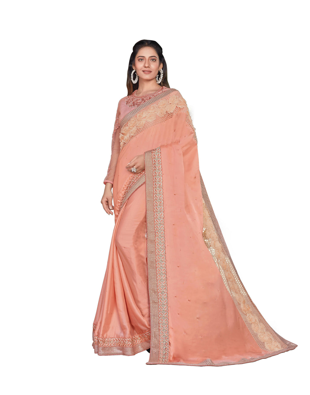 Peach Colored Satin Silk Embroidered Saree With Blouse - Norita Royal Adveka