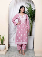 Miravan Women's Chikankari Embroidery Pink Straight Kurta & Palazzo Set