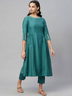 Myshka Dark Green Embroidered 3/4 Sleeve Round Neck Kurta Pant Dupatta Set - Distacart
