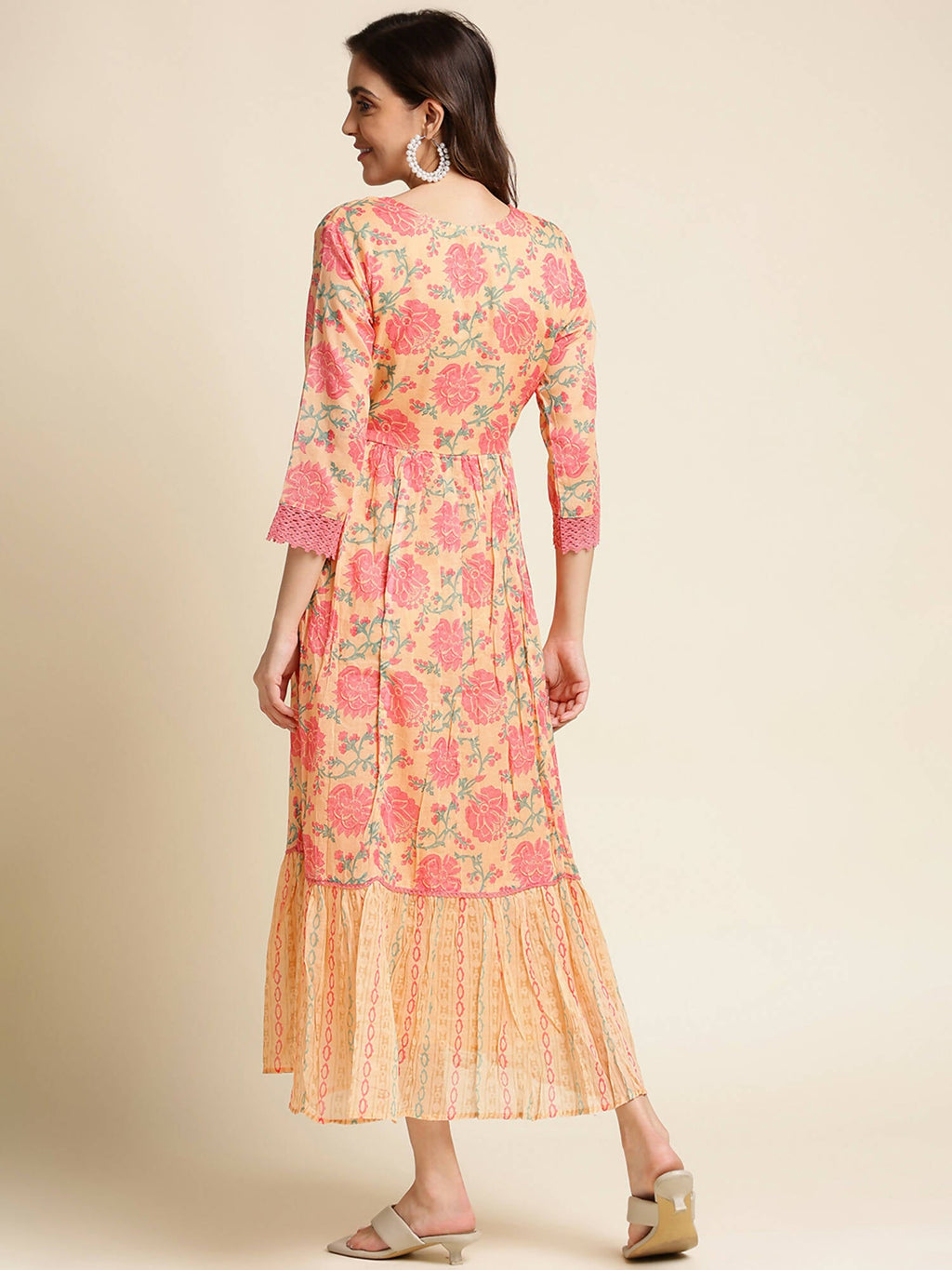 Peach Cotton Floral Printed Fit & Flare Dress - Yukti - Distacart