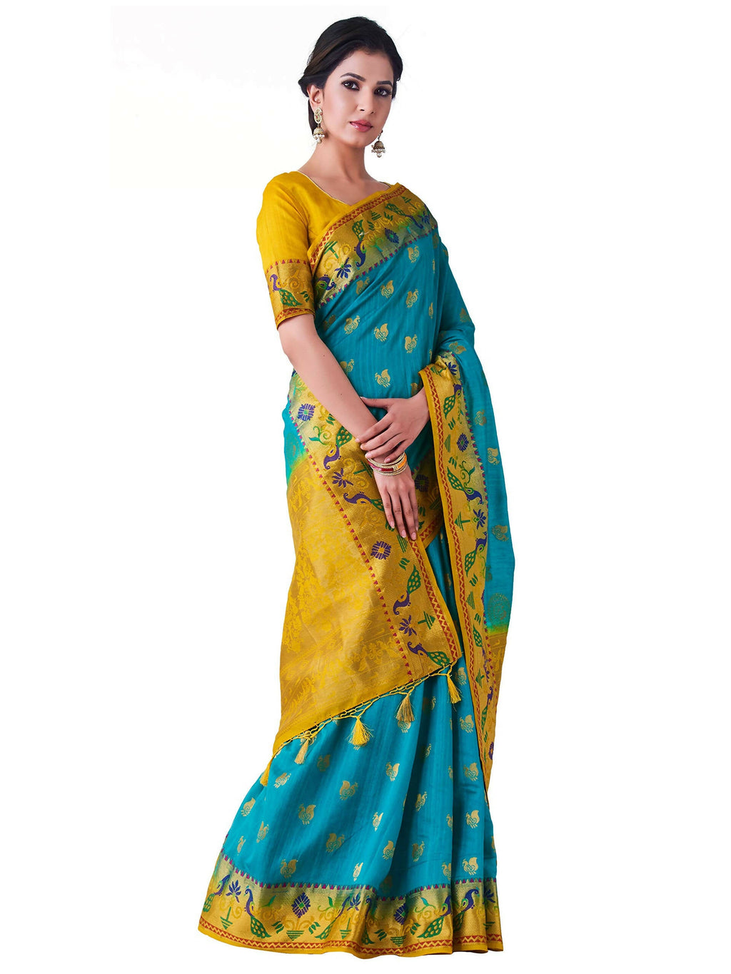 Mimosa Women's Turquoise Kanchipuram Silk Saree - Distacart