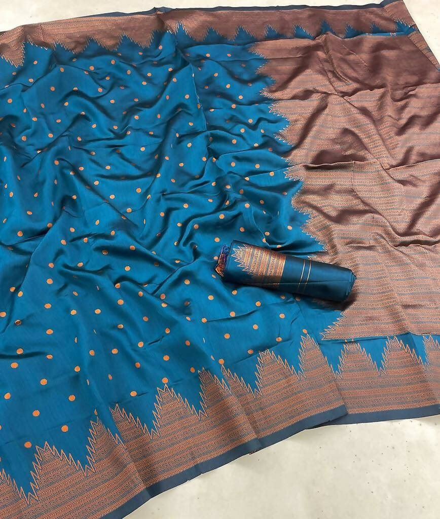 DEIANA'S Beautiful Designer Golden zari Soft Lichi Silk Saree - Blue