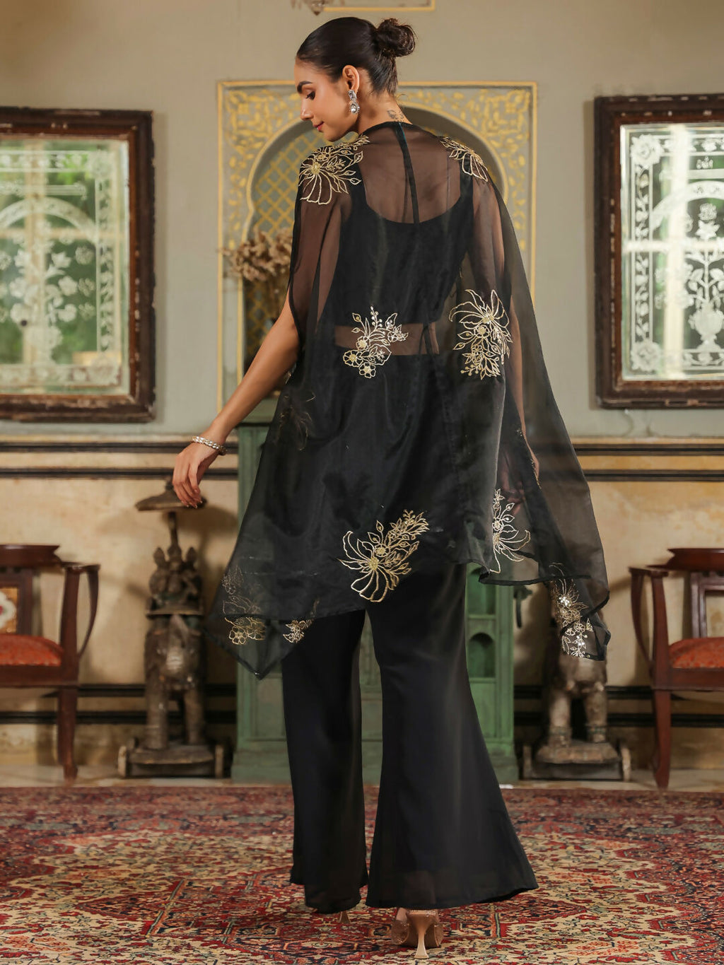 Janasya Black Georgette Solid Top Bottom Cape