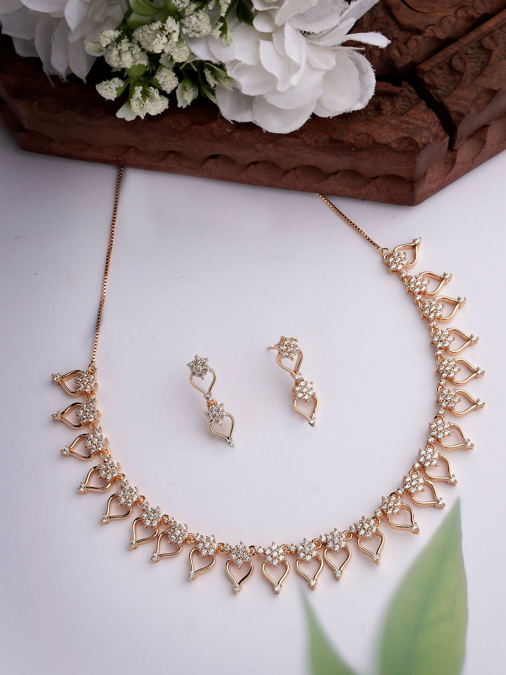 NVR Women's Gold-Polished American Diamond-Studded Handcrafted Jewellery Set
