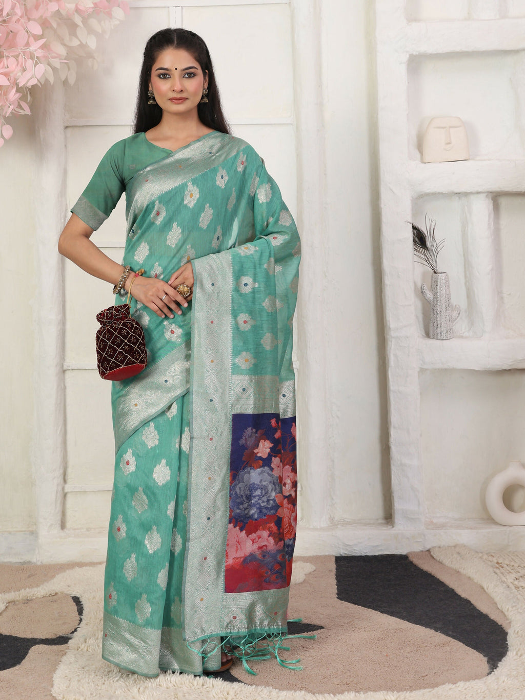 Shree Shyam Fashion Linen Cotton Rama Green Saree - Distacart