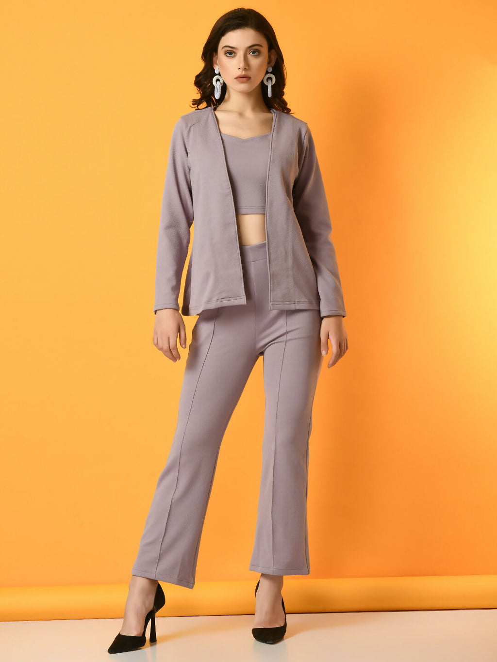 Myshka Women's Lavender Solid Coat With Trousers
