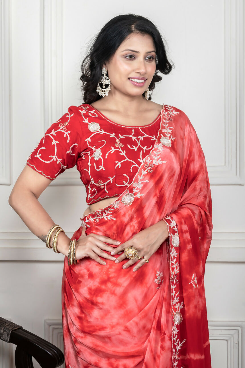 Morchari Red Crepe Hand Embroidery Saree And Stitched Blouse - Distacart
