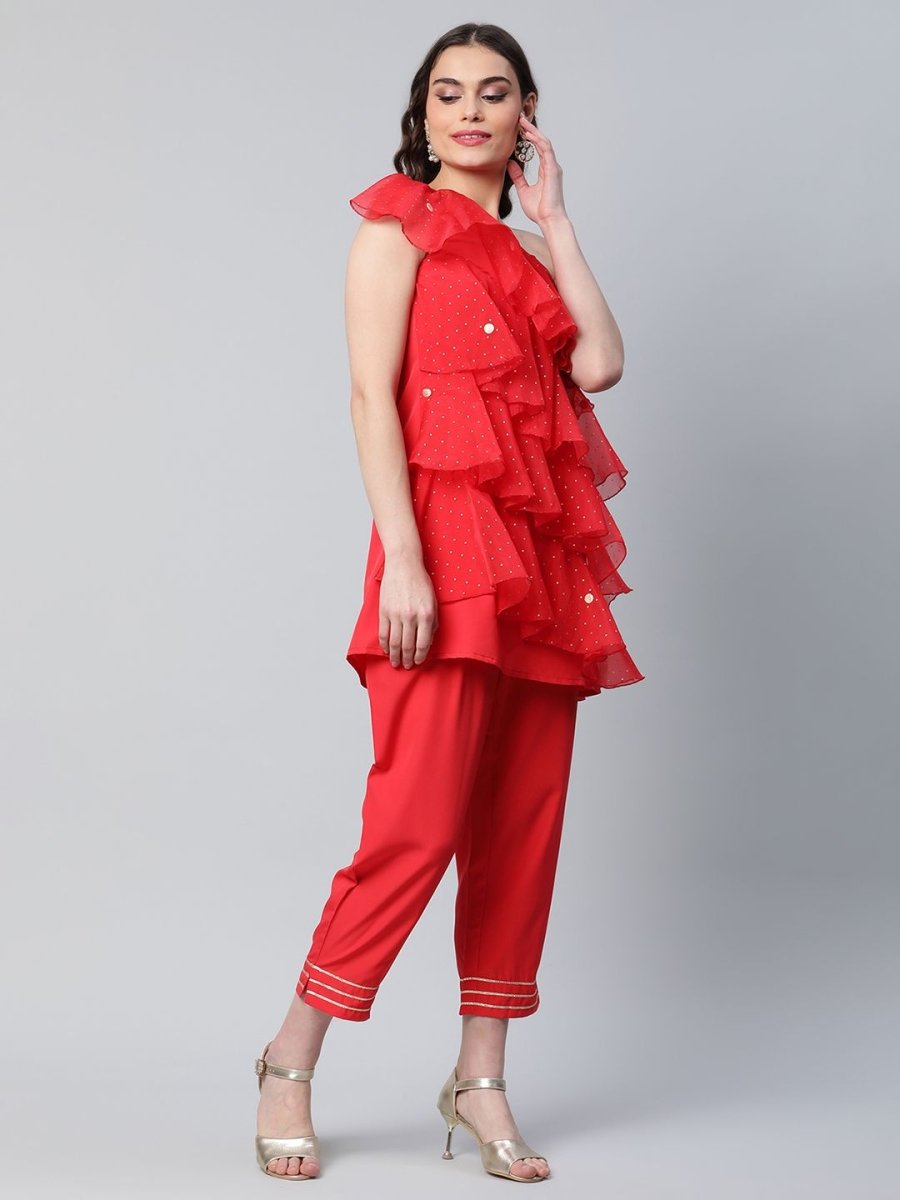Ahalyaa Women Red Printed Layered Top with Trousers - Distacart