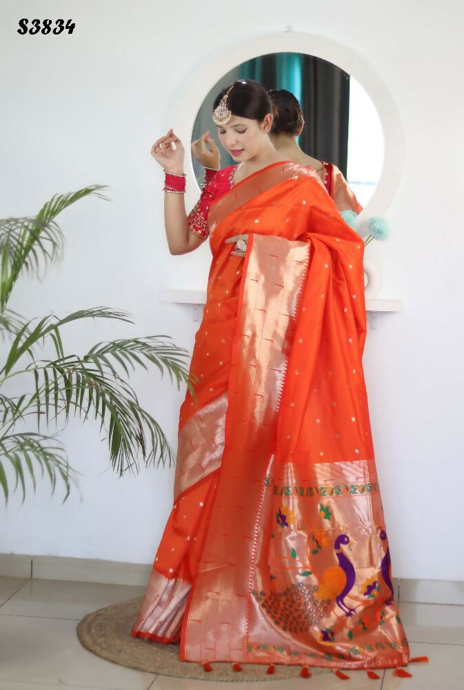 Orange Woven Jacquard Designer Embroidery Work Party Wear Saree - Parampara