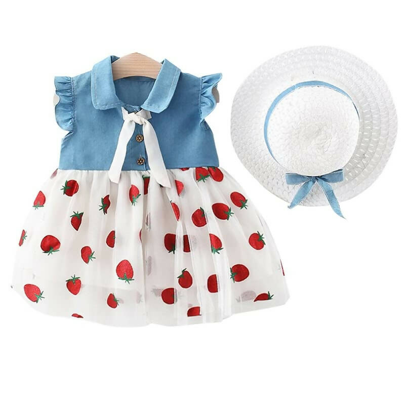 Bold N Elegant Cap Sleeve Denim Embroidered Midi Party Dress Frock with Hat Dress - Strawberry White