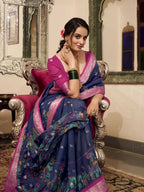 Vastranavya Navy Blue Poly Cotton Kalamkari Printed Saree with Unstitched Blouse