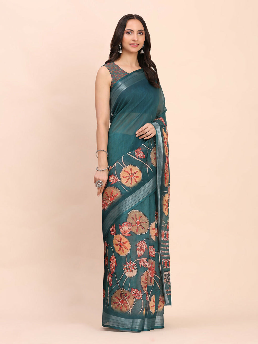 Shree Shyam Fashion Linen Cotton Teal Blue Saree - Distacart