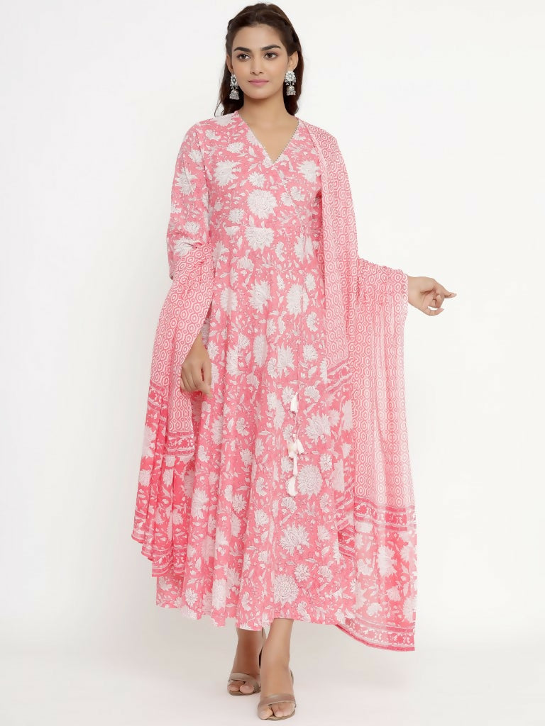 Miravan Women's Cotton Floral Print Anarkali Kurta With Dupatta