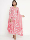 Miravan Women's Cotton Floral Print Anarkali Kurta With Dupatta