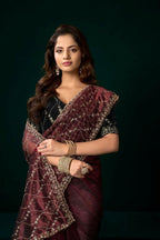 Joban Fashion Maroon Net Party Wear Sarees - Distacart