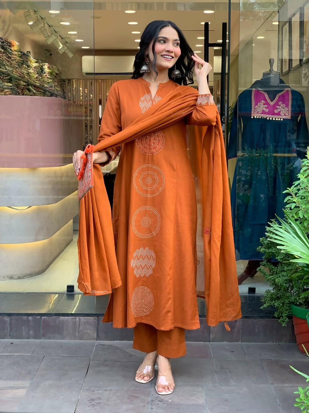 The52 Orange Women's Gorgeous Chanderi Fabric Embroidered Work Straight Kurta Pant and Dupatta Set - Distacart