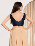 Joban Fashion Navy Blue Mulberry Silk Padded Blouse With Round Neck Sleeveless - Distacart