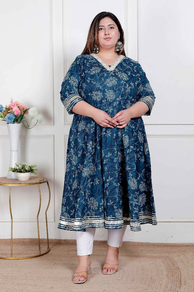 Miravan Plus Size Women'S Blue Cotton Embroidered Neck Anarkali Kurta - Distacart