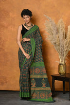 Very Much Indian Handblock Printed Cotton Saree With Natural Dyes - Green - Distacart