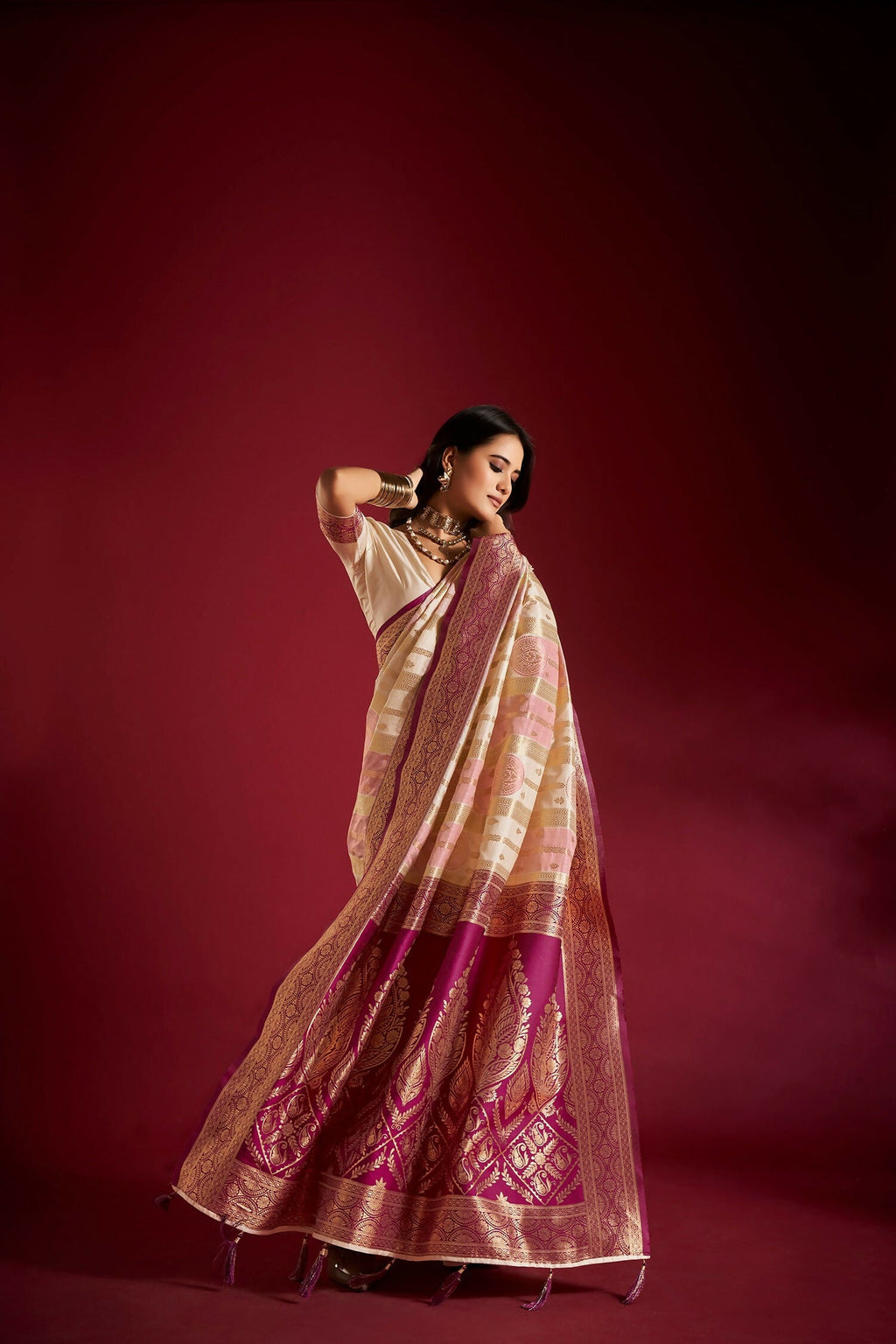 Joban Fashion Cream & Light Pink Plain With Weaving Border Banarasi Silk Sarees