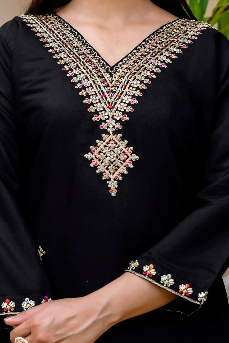 The52 Black Women's Beautiful Viscose Chanderi Fabric Embroidered Work Straight Kurta Pant and Dupatta Set - Distacart