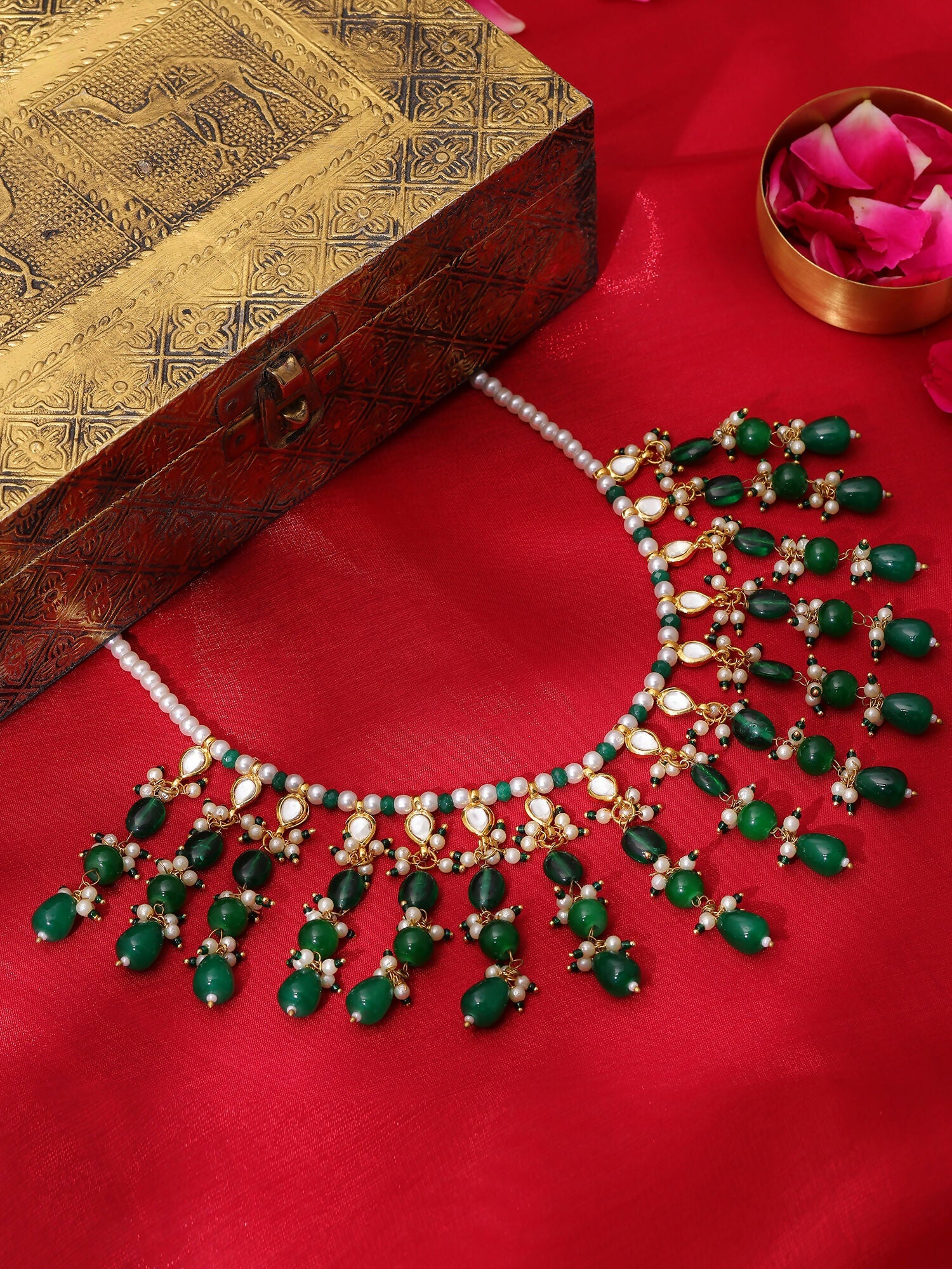 Ruby Raang Green Kundan And Emerald Collar Necklace