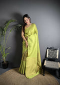 Joban Fashion Light Green Banarasi Soft Lichi Silk Checks & Woven Saree - Distacart
