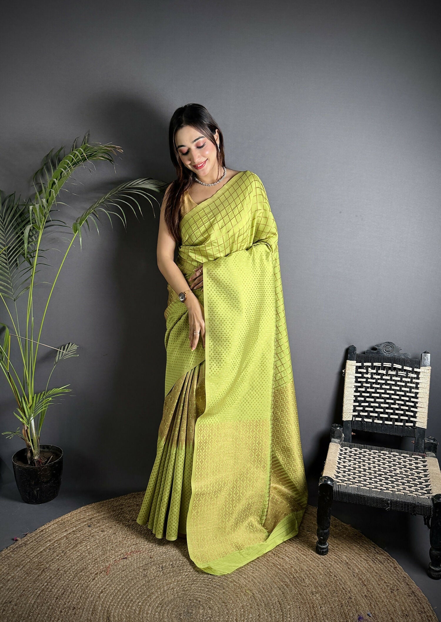 Joban Fashion Light Green Banarasi Soft Lichi Silk Checks & Woven Saree - Distacart